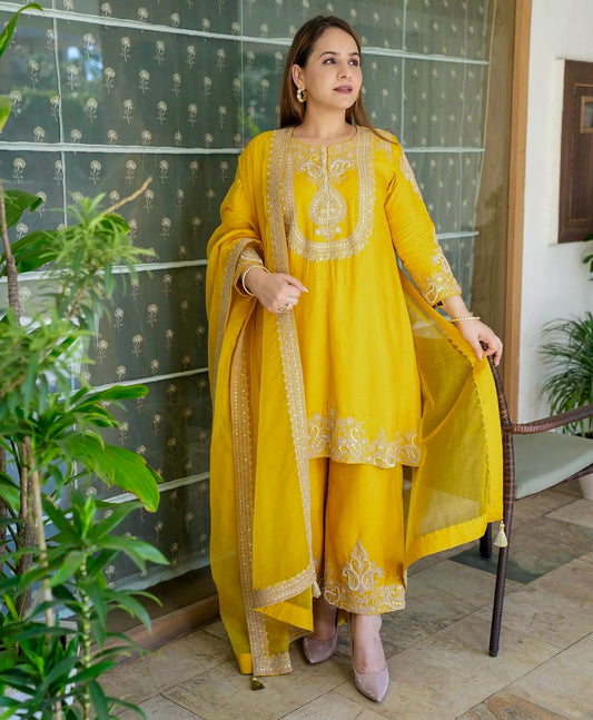 yellow color Beautiful Partywear Dress in Chinon SIlk Fabric