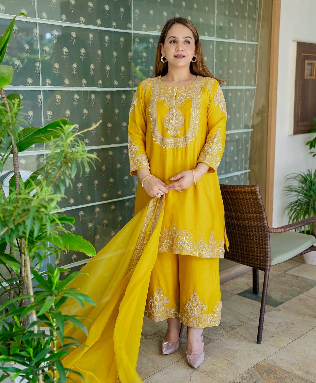 yellow color Beautiful Partywear Dress in Chinon SIlk Fabric