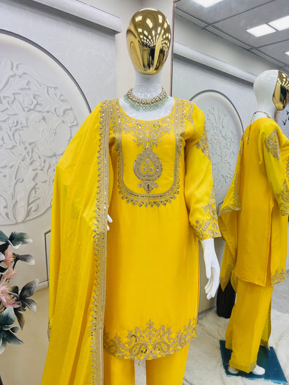 yellow color Beautiful Partywear Dress in Chinon SIlk Fabric