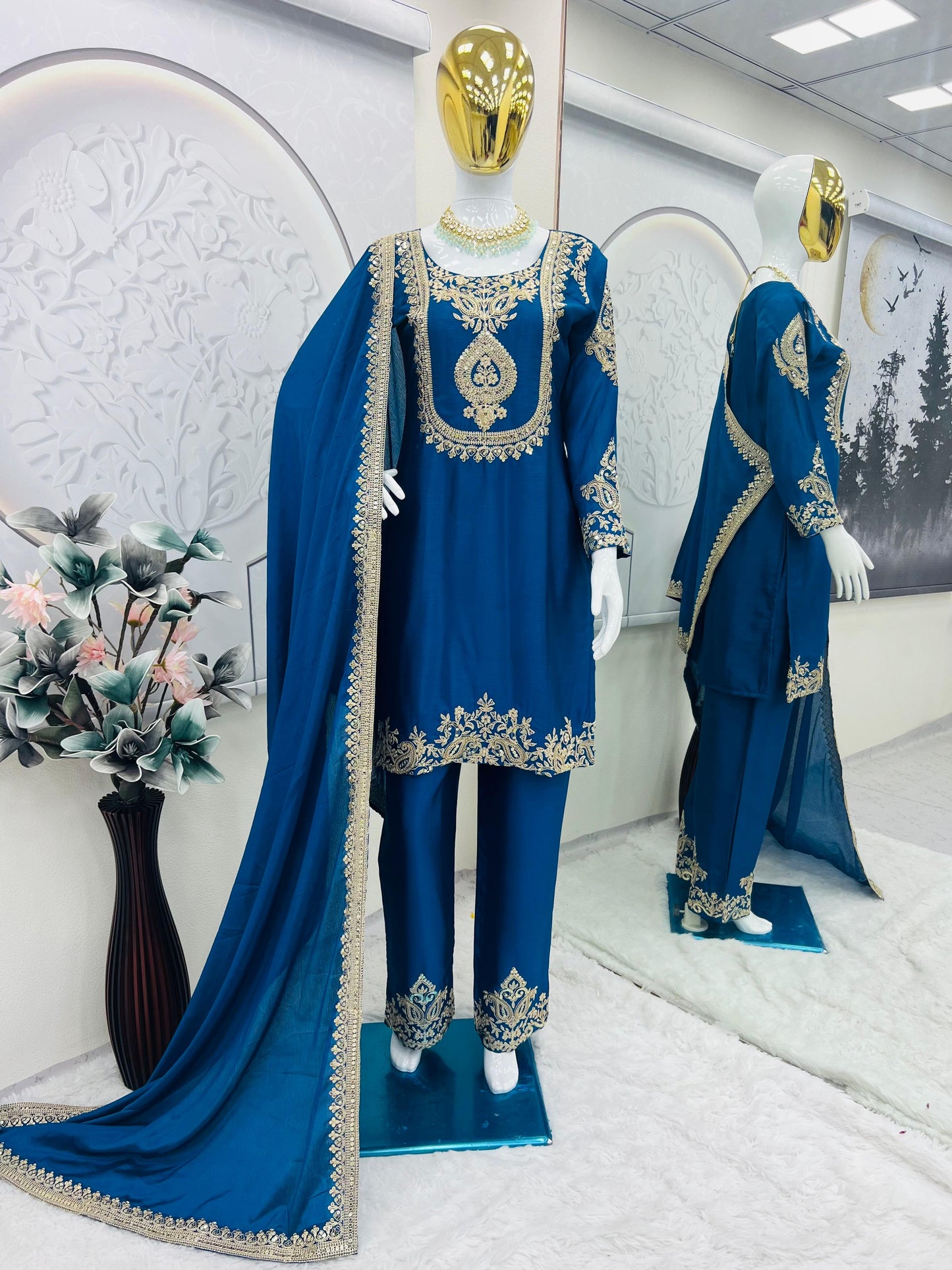 blue color Beautiful Partywear Dress in Chinon SIlk Fabric