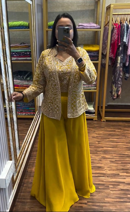 yellow Color Beautiful Plazo Blouse Koti Dress in Georgette Fabric