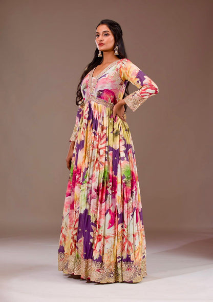 Beautiful Flower Print Anaraki Gown in Chinon Silk Fabric