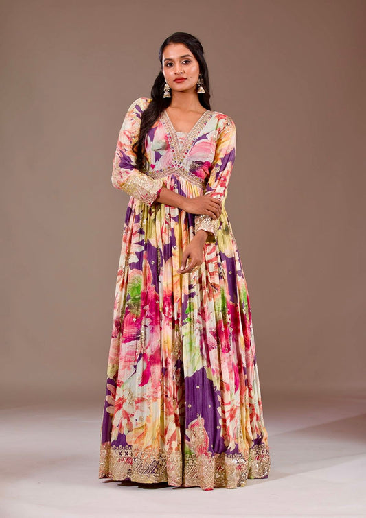 Beautiful Flower Print Anaraki Gown in Chinon Silk Fabric