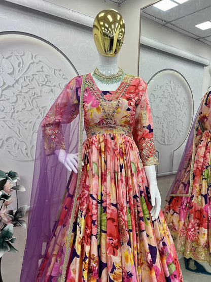 Beautiful Flower Print Anaraki Gown in Chinon Silk Fabric