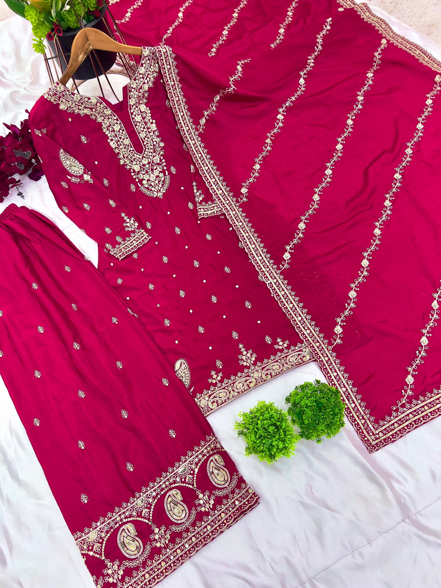 Pink Red Color Beautiful Plazo Suit In Chinon Fabric