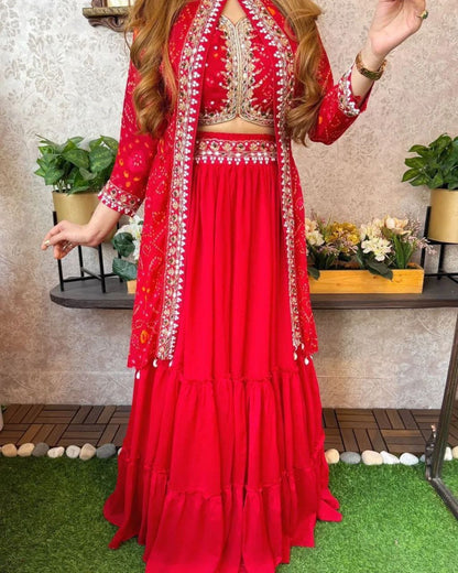 Trending Party Wear Shrug Lehenga In Red Color in Georgette Fabric