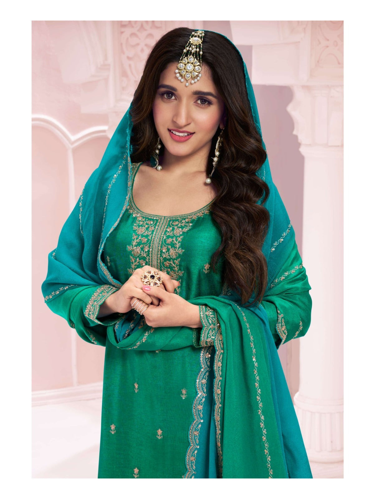Green Blue Color Beautiful Partywear Semi Stitched Dress