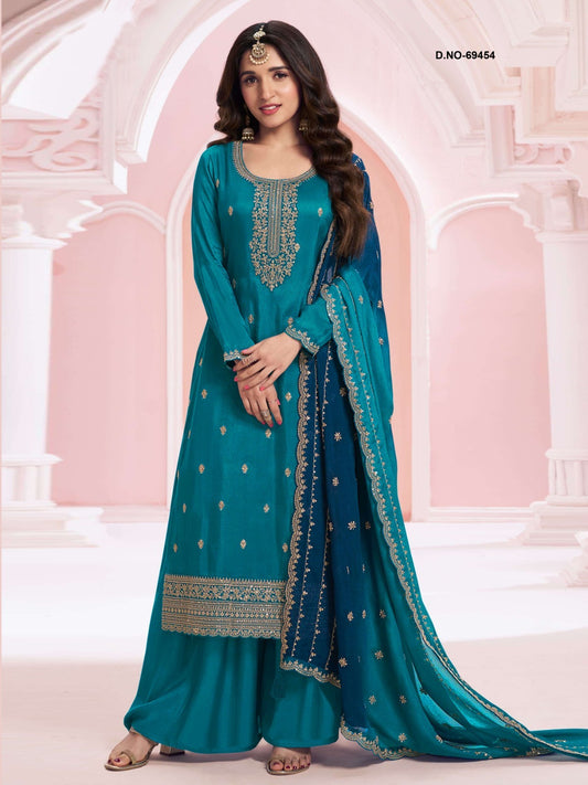 Sky BLue Color Beautiful Partywear Semi Stitched Dress
