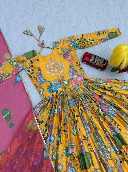 Beautiful Kalamkari Print Gown In Yellow Color