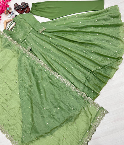 Green Color Beautiful Crush Silk Gown