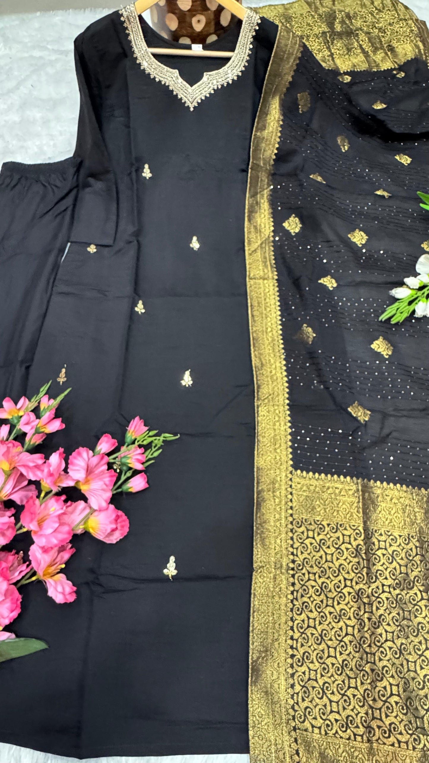 Roman Silk Fabric Designer Festive Wear Kurti Pant And Dupatta IN Black Color