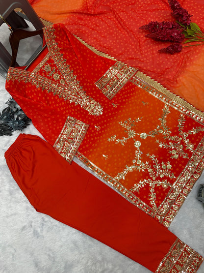 Beautiful Red Orange Color Georgette Fancy Suit