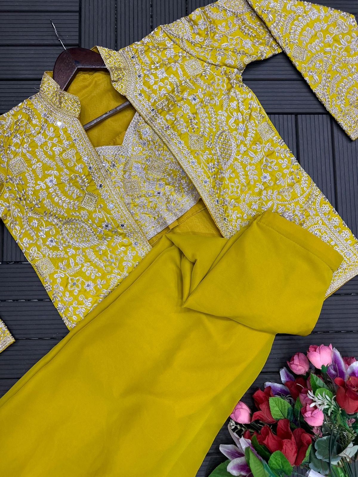 yellow Color Beautiful Plazo Blouse Koti Dress in Georgette Fabric