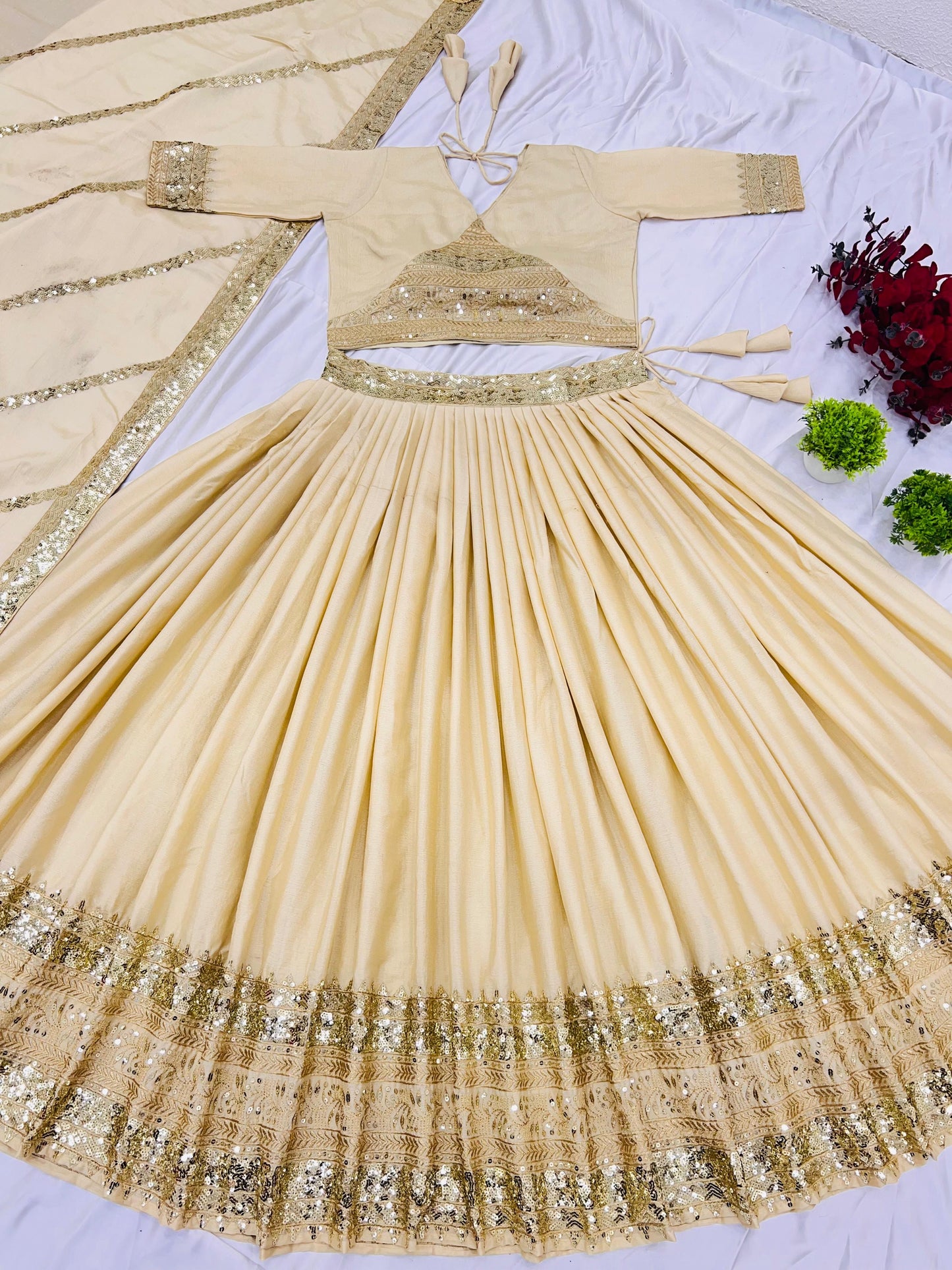 White Cream Color Chinon Fabric Lehenga Choli for small function