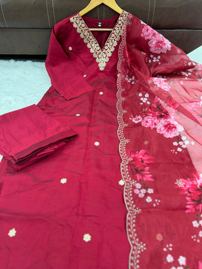 Pink Red Color Beautiful Chanderi Silk Suit