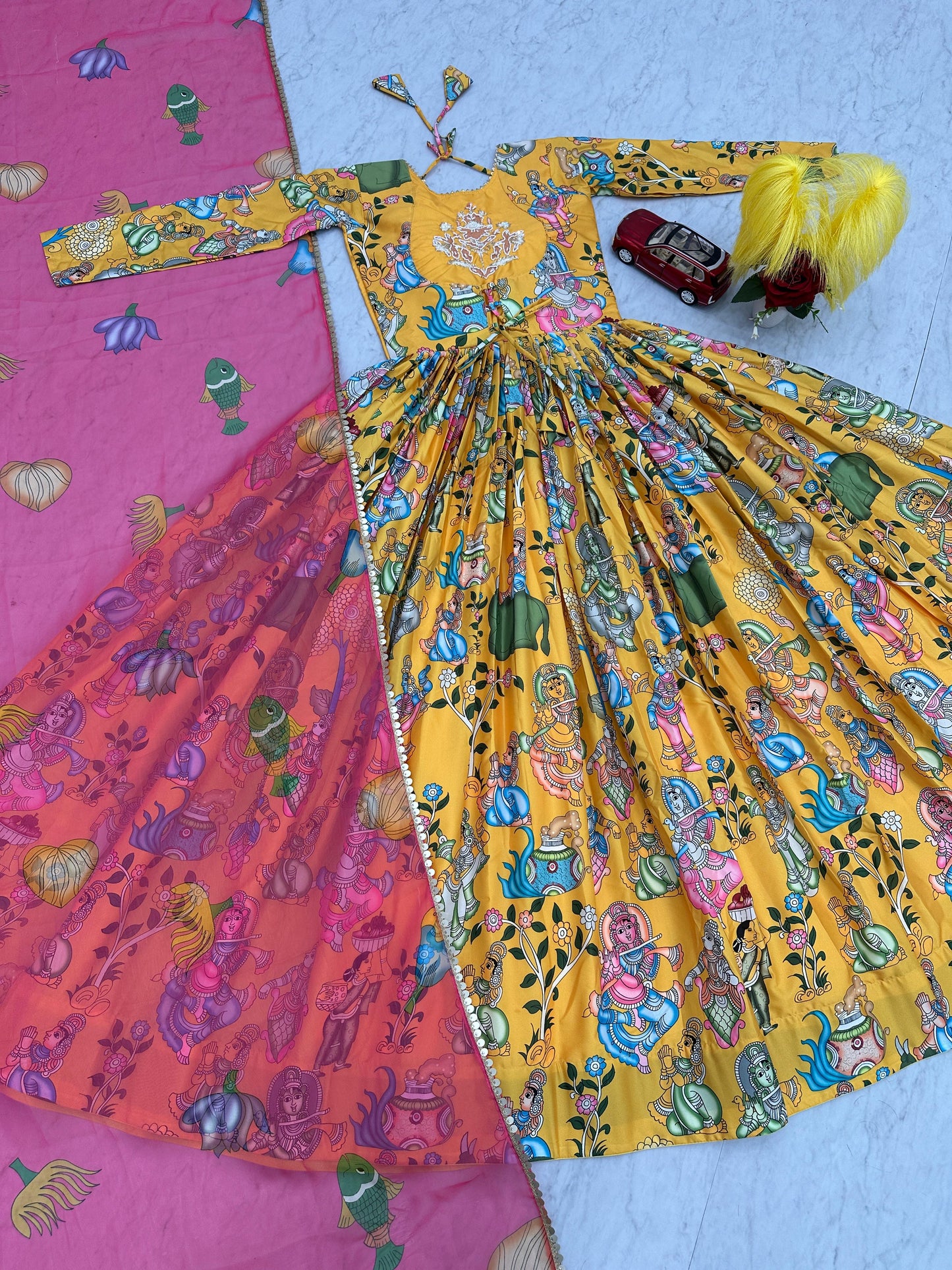 Beautiful Kalamkari Print Gown In Yellow Color