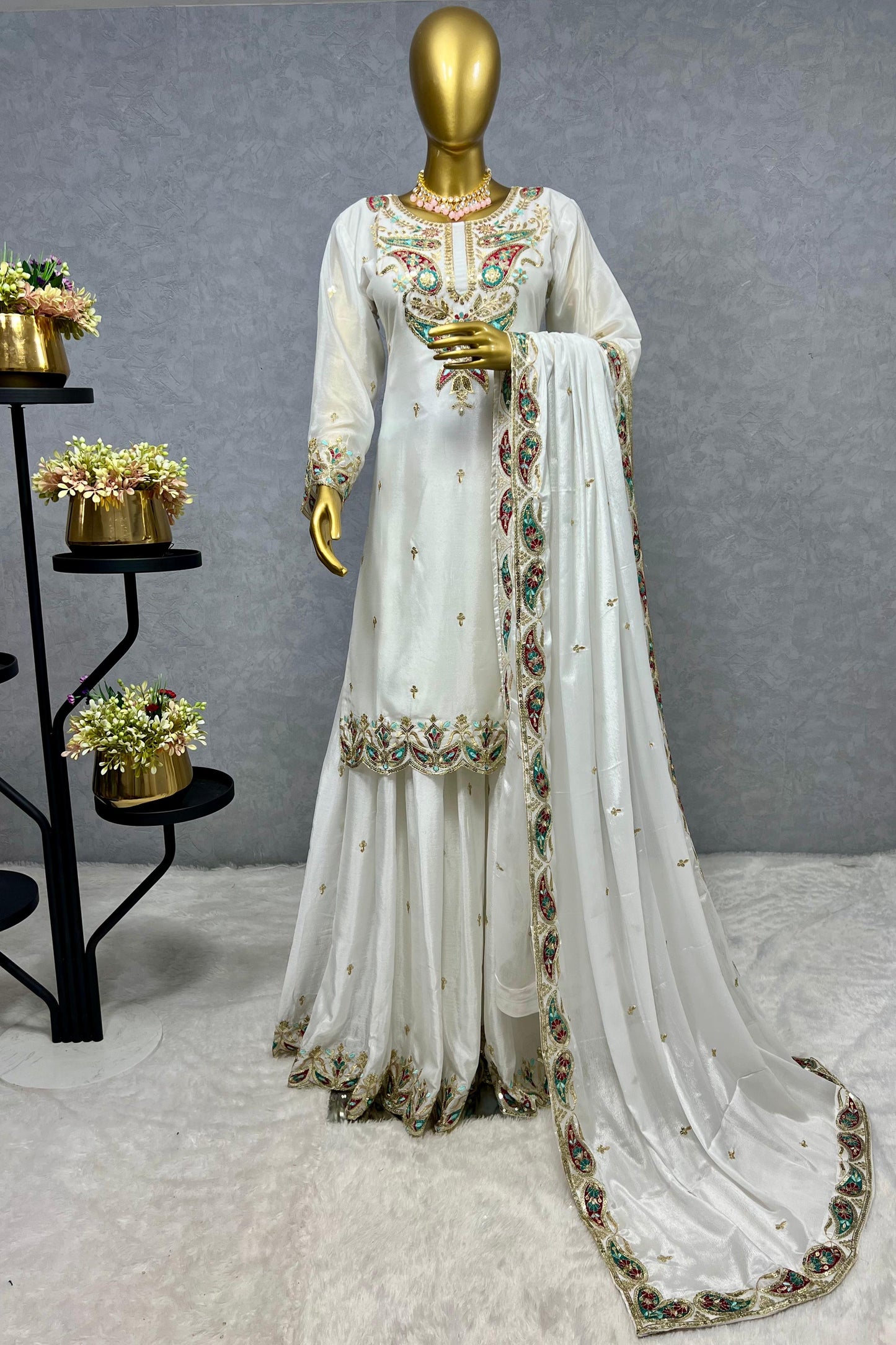 White Color Beautiful Chinon Silk Suit