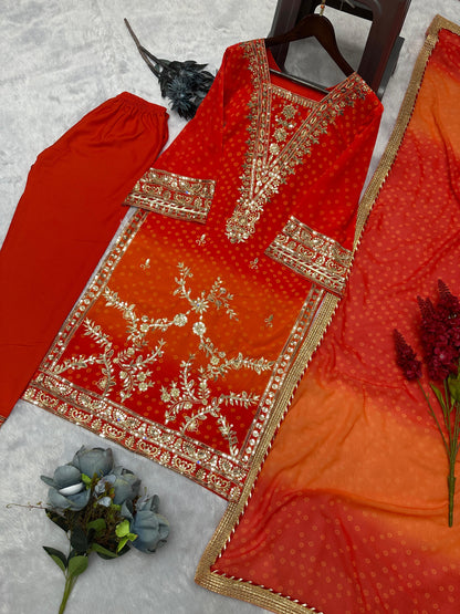 Beautiful Red Orange Color Georgette Fancy Suit