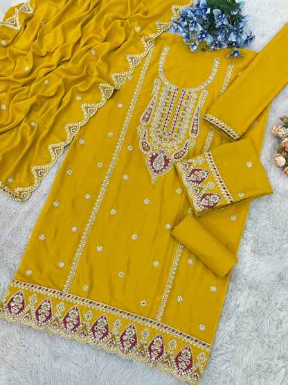Yellow Color Beautiful PartyWear Dress In Chinon Fabric
