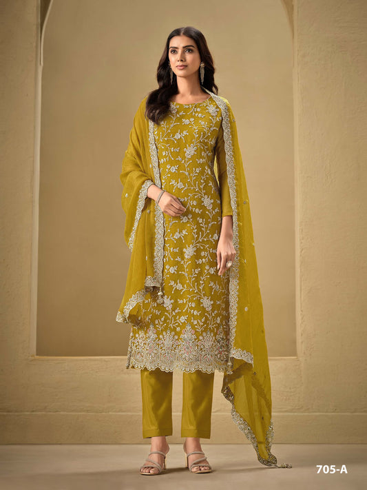 Yellow Color Beautiful Partywear Semi Stitched Suit