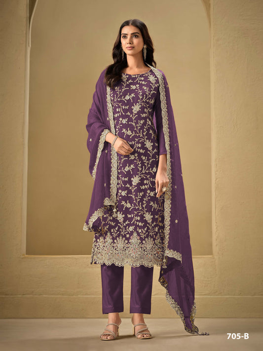 Purple Color Beautiful Partywear Semi Stitched Suit