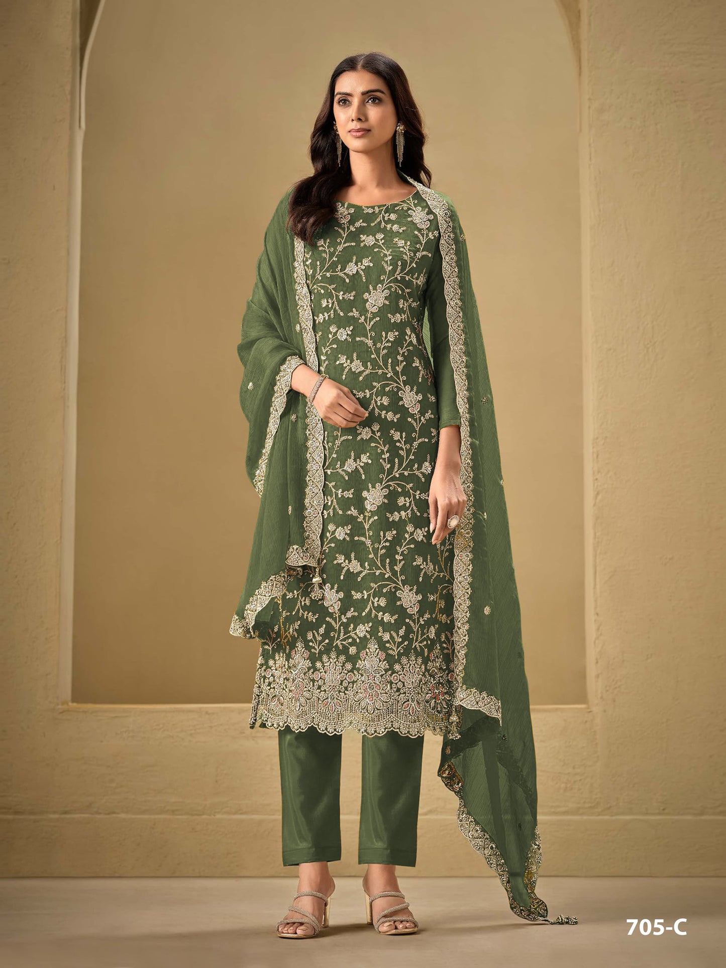 Green Color Beautiful Partywear Semi Stitched Suit