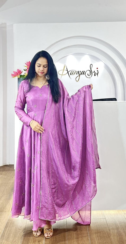 Beautiful Anarkali Gown in Chinon Fabric For Daily Wear Use in Light Purple Color