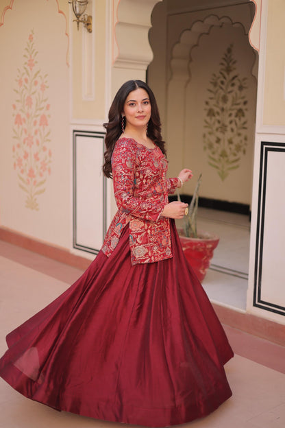 Readymade Lehenga Choli in Silk Fabric in red color