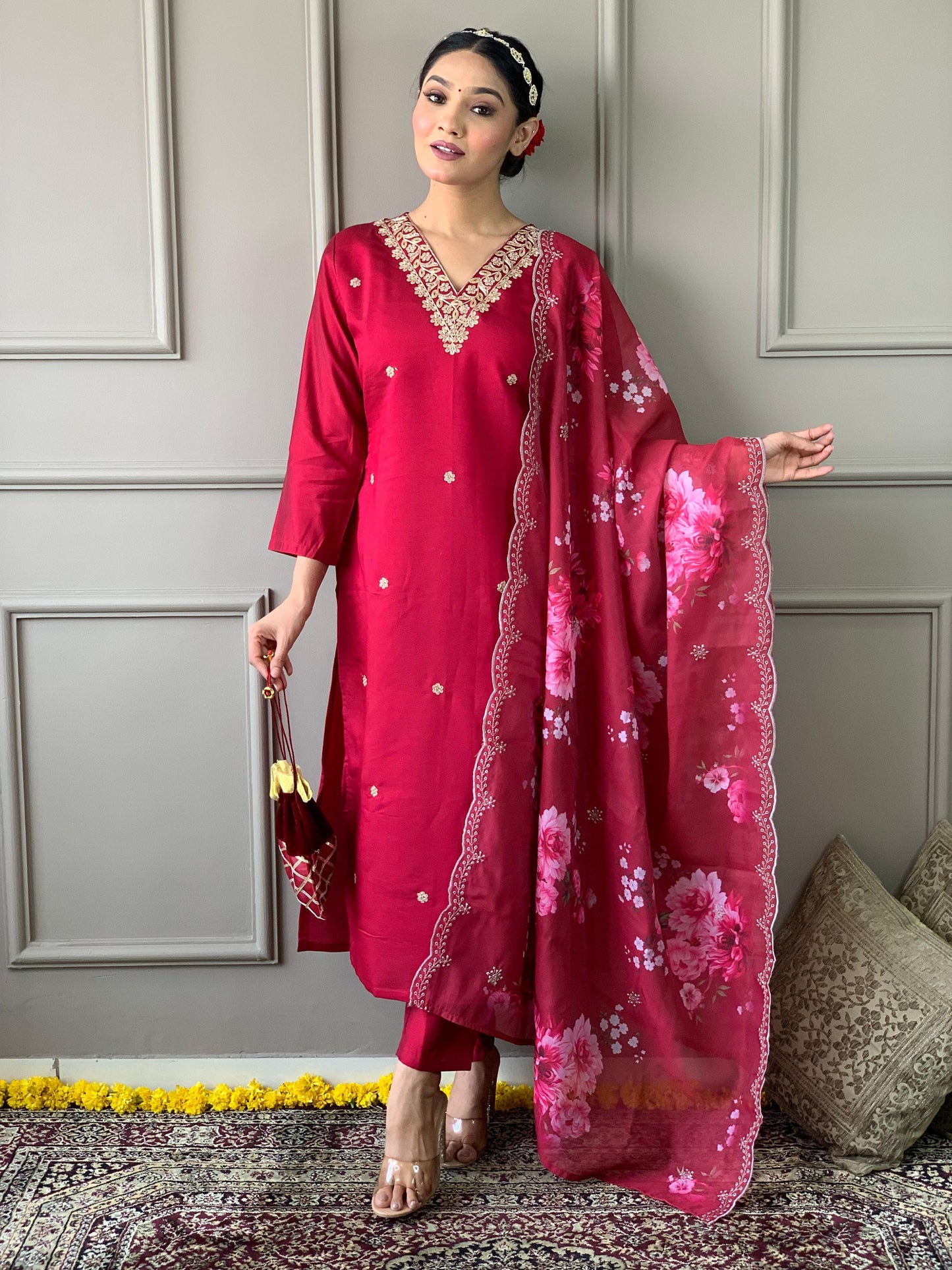 Pink Red Color Beautiful Chanderi Silk Suit