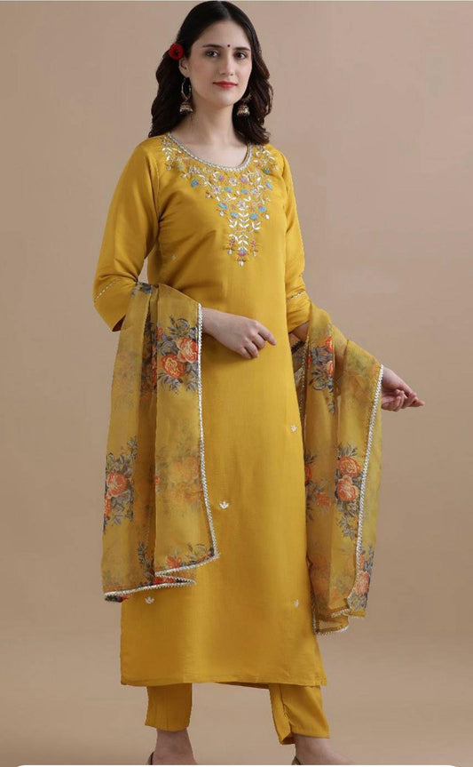 Yellow Color Beautiful Summer Wear Kurti Pent Set with dupatta