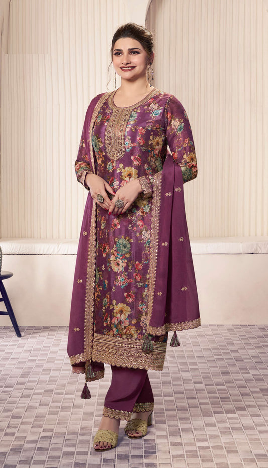 Beautiful Heavy Printed Sequence Embroidery Suit in Chinon Fabric