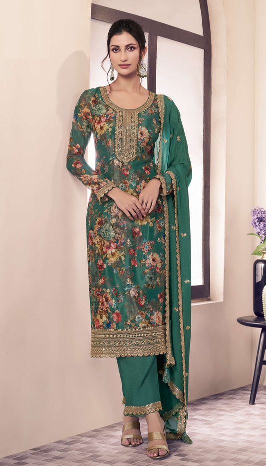 Beautiful Heavy Printed Sequence Embroidery Suit in Chinon Fabric