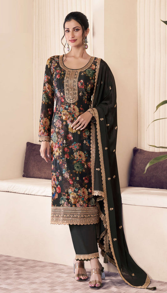 Beautiful Heavy Printed Sequence Embroidery Suit in Chinon Fabric