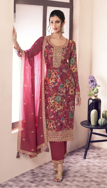 Beautiful Heavy Printed Sequence Embroidery Suit in Chinon Fabric