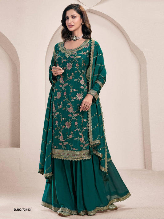 Green Color Beautiful Partywear Dress in Chinon Fabric