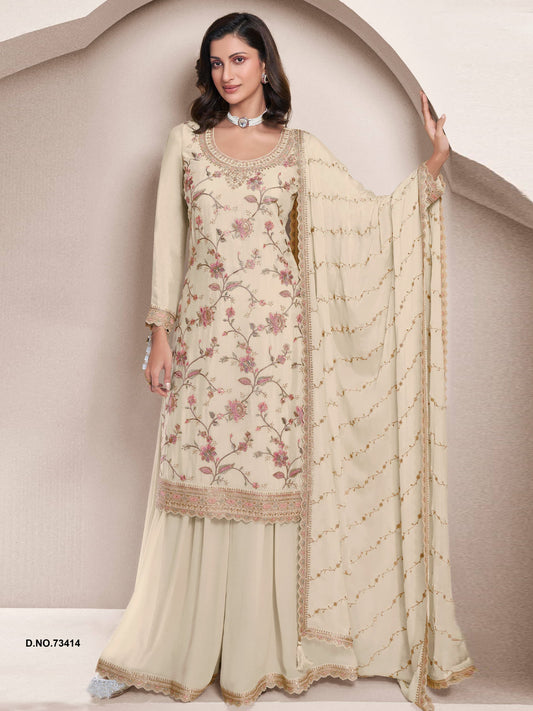 White Cream Color Beautiful Partywear Dress in Chinon Fabric