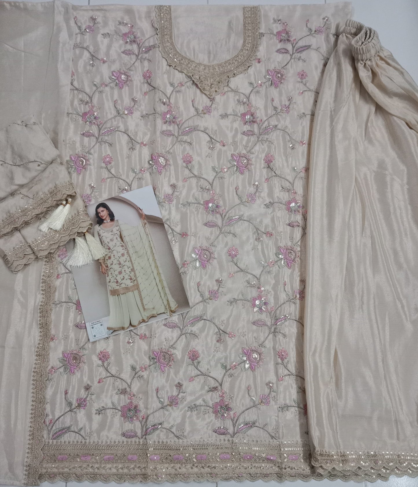 White Cream Color Beautiful Partywear Dress in Chinon Fabric