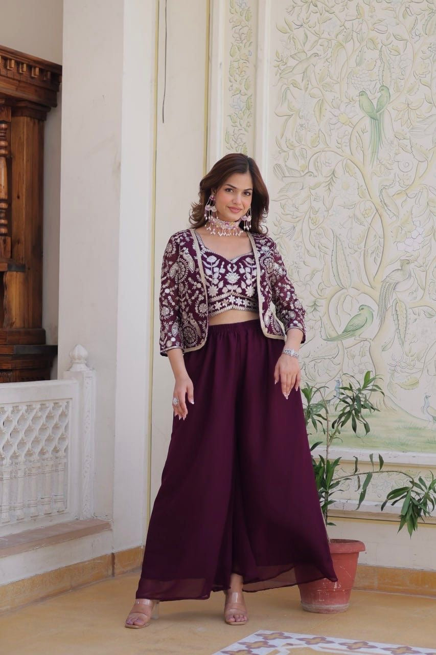 Georgette Fabric Plazo Koti Choli Suit In Maroon color