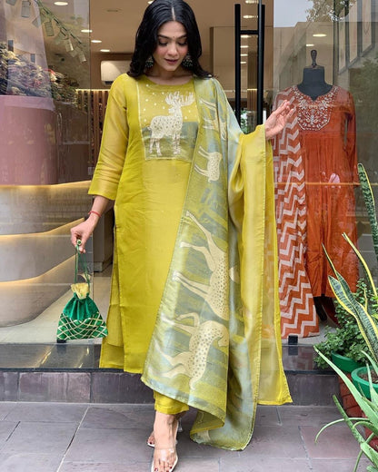 Yellow Color Beautiful Office Wear Silk Suit