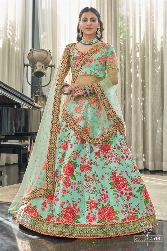 Modern Floral Lehenga Choli For Wedding Function in Sky Green color