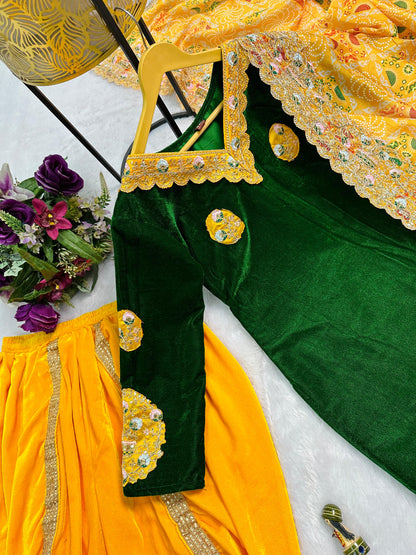 Green Yellow Color Beautiful Velvet Suit For Partywear function