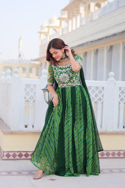 Festival Wear Bandhej Gown & Dupatta in Georgette Fabric in green color