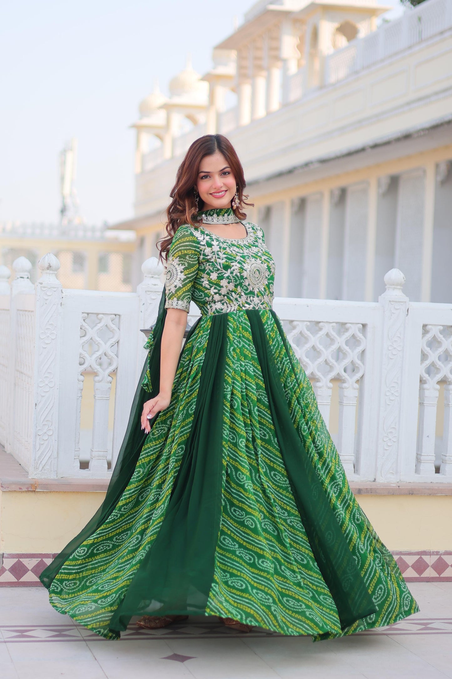 Festival Wear Bandhej Gown & Dupatta in Georgette Fabric in green color