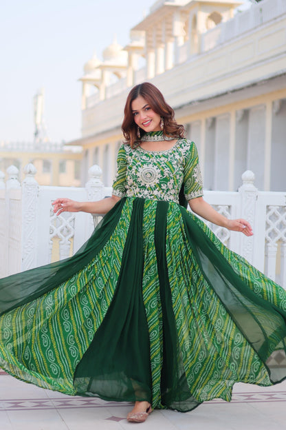 Festival Wear Bandhej Gown & Dupatta in Georgette Fabric in green color