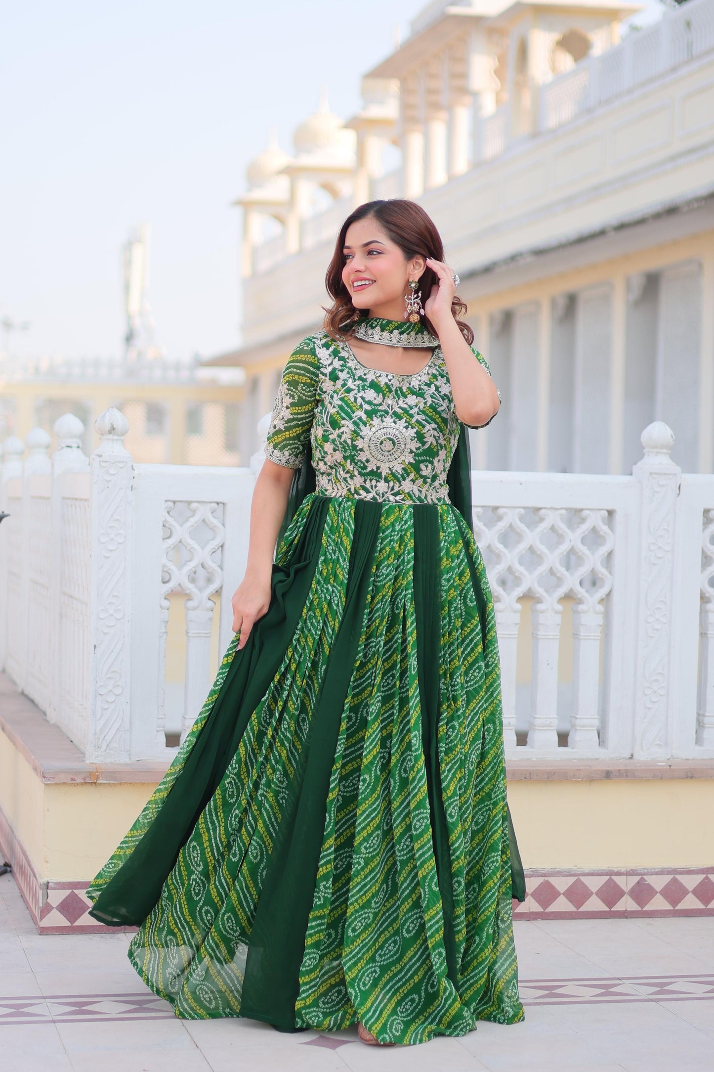 Festival Wear Bandhej Gown & Dupatta in Georgette Fabric in green color