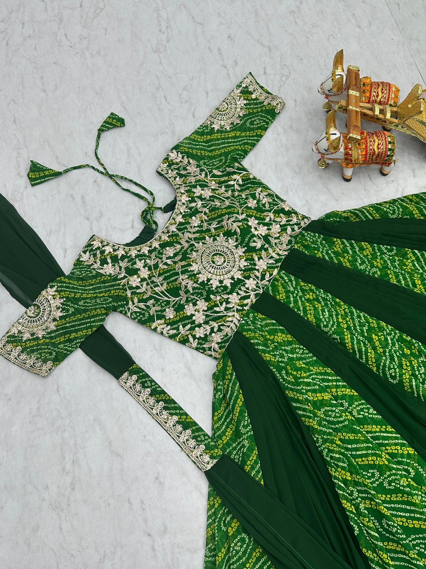 Festival Wear Bandhej Gown & Dupatta in Georgette Fabric in green color