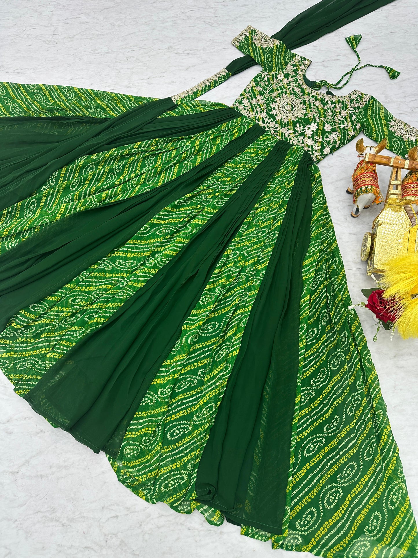 Festival Wear Bandhej Gown & Dupatta in Georgette Fabric in green color