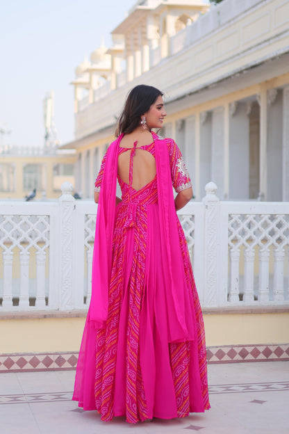 Festival Wear Bandhej Gown & Dupatta in Georgette Fabric in pink color