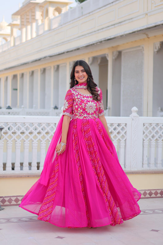 Festival Wear Bandhej Gown & Dupatta in Georgette Fabric in pink color