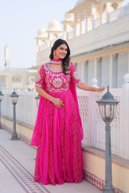 Festival Wear Bandhej Gown & Dupatta in Georgette Fabric in pink color